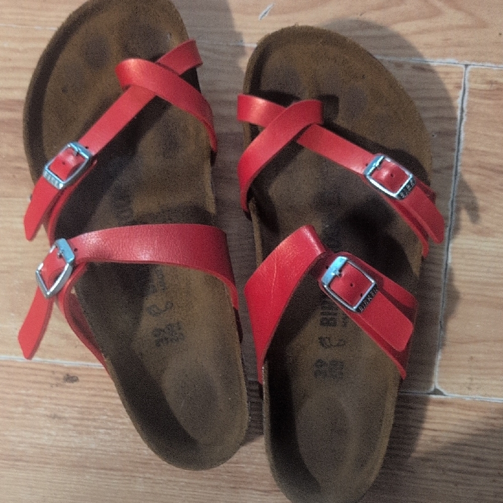 Birkenstock Red Triple-Strap Women's Sandals with Buckles